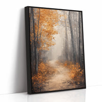 Golden Autumn Pathway Canvas Print - Tranquil Nature Art - Black Framed Canvas image 1
