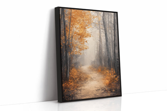 Golden Autumn Pathway Canvas Print - Tranquil Nature Art - Black Framed Canvas image 1