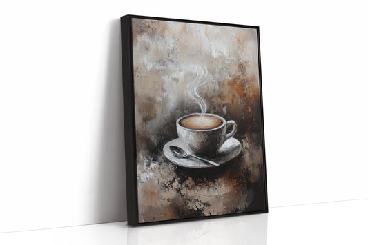Steaming Coffee Cup Canvas Art - Rustic Kitchen Decor - Black Framed Canvas image 1