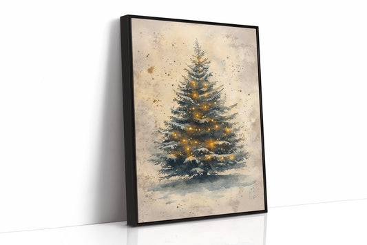 Glowing Christmas Tree Watercolor Print - Festive Wall Art - Black Framed Canvas image 1