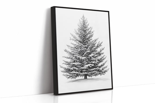 Snow-Covered Pine Tree Drawing - Winter Botanical Art - Black Framed Canvas image 1