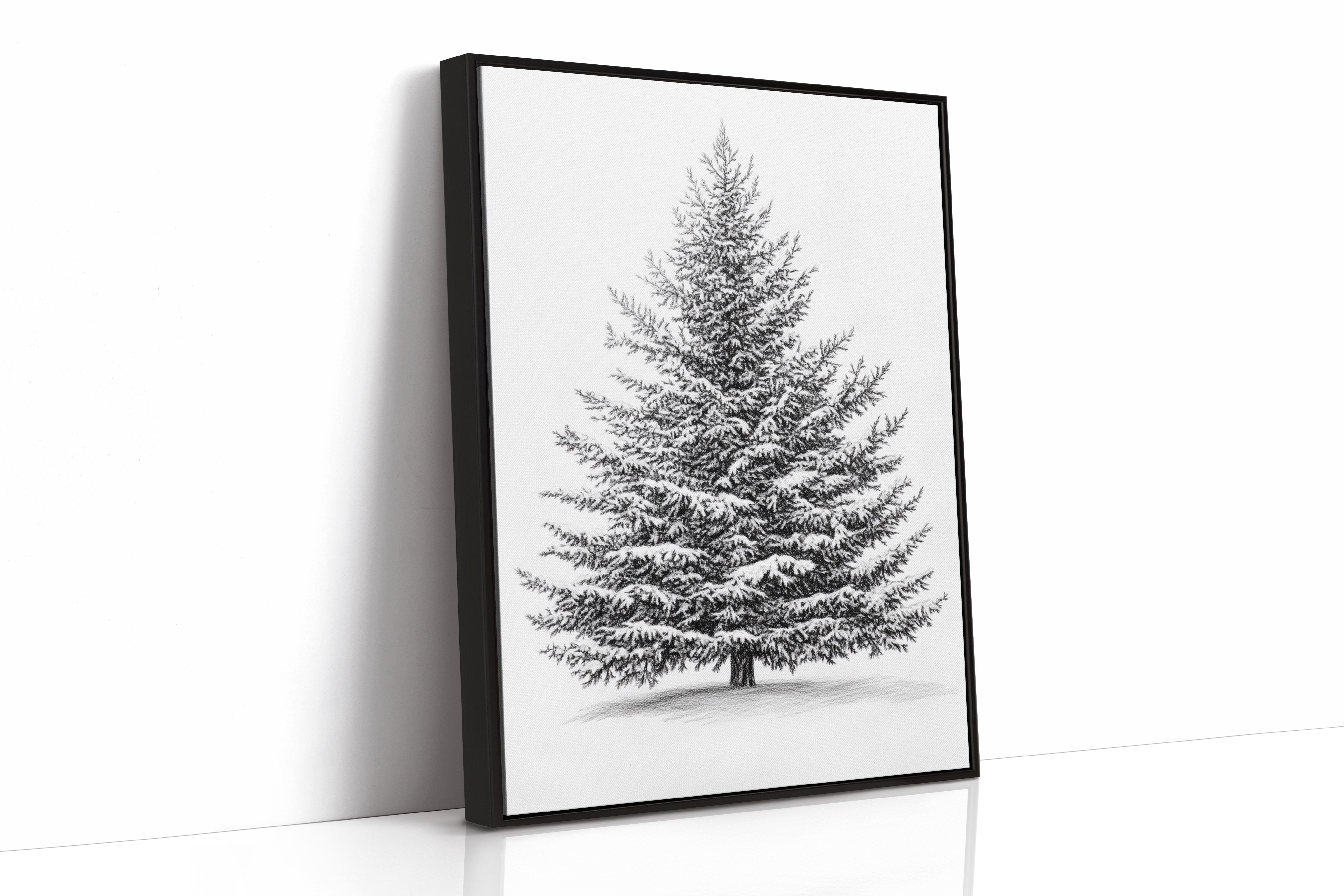 Snow-Covered Pine Tree Drawing - Winter Botanical Art - Black Framed Canvas image 1