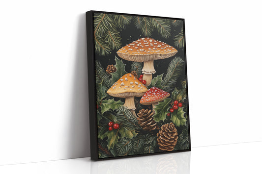 Enchanted Mushroom Forest Print - Woodland Holiday Decor - Black Framed Canvas image 1
