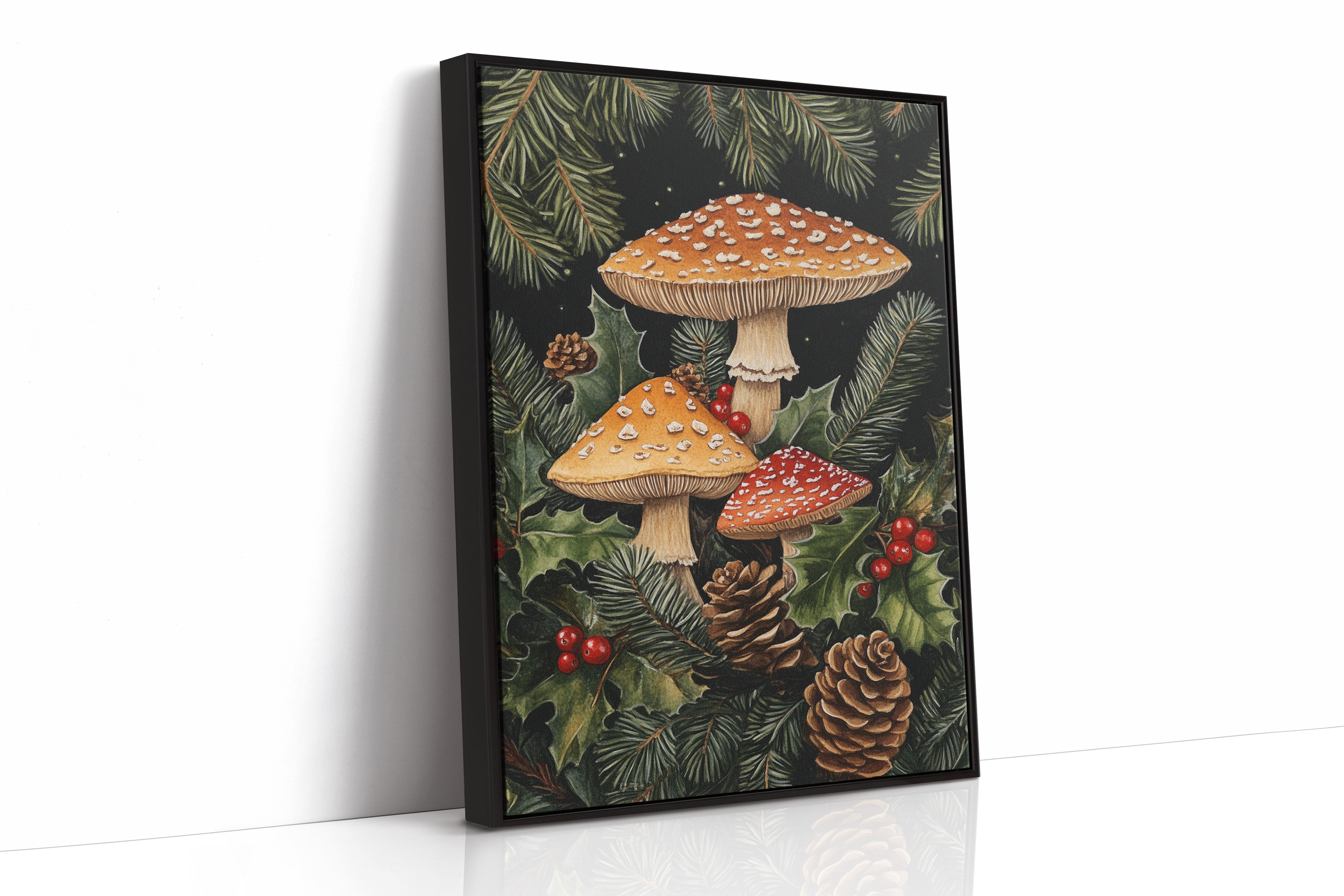 Enchanted Mushroom Forest Print - Woodland Holiday Decor - Black Framed Canvas image 1
