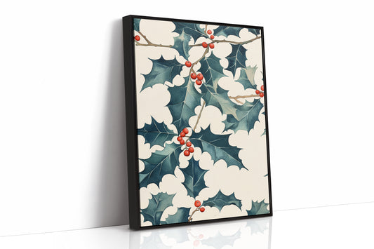Festive Holly Berry Print - Botanical Holiday Decor - Black Framed Canvas image 1