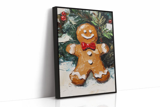 Gingerbread Man Oil Painting - Festive Holiday Art - Black Framed Canvas image 1