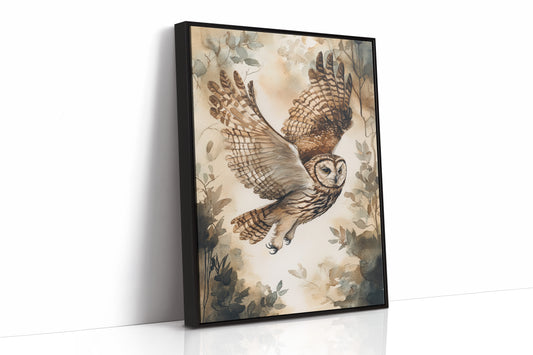 Majestic Owl Watercolor Print - Nature Wildlife Art - Black Framed Canvas image 1