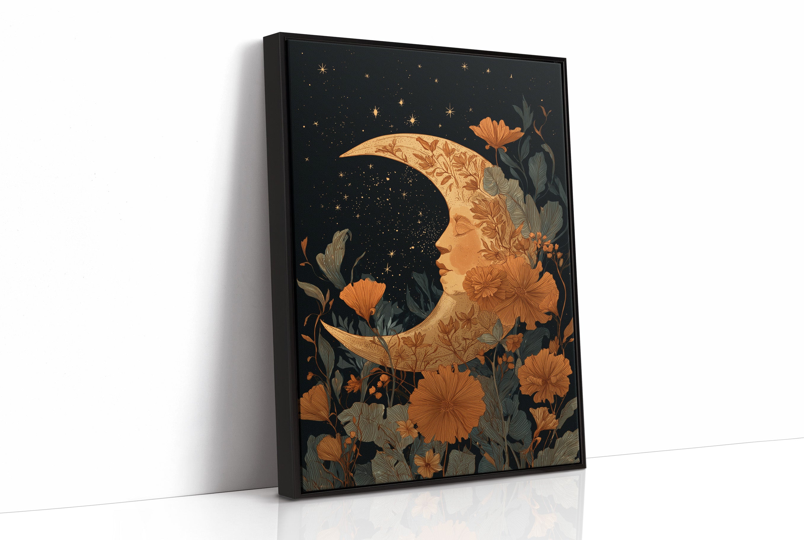 Copper Crescent Among Starlit Petals