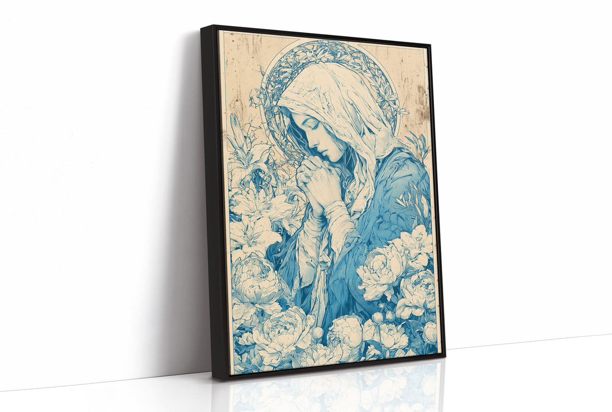 Madonna in Lilies — Cobalt Blue Devotional Engraving
