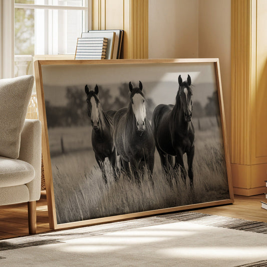 Three Mares Stand Among Prairie Grass