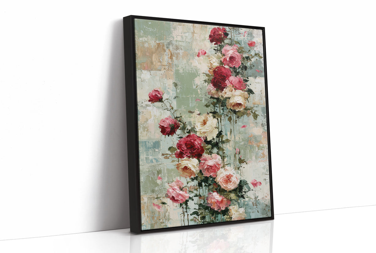 Climbing Roses on Plaster — Crimson Drip Impasto Painting