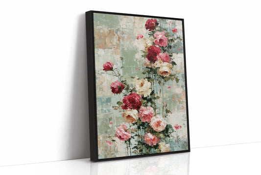 Climbing Roses on Plaster — Crimson Drip Impasto Painting