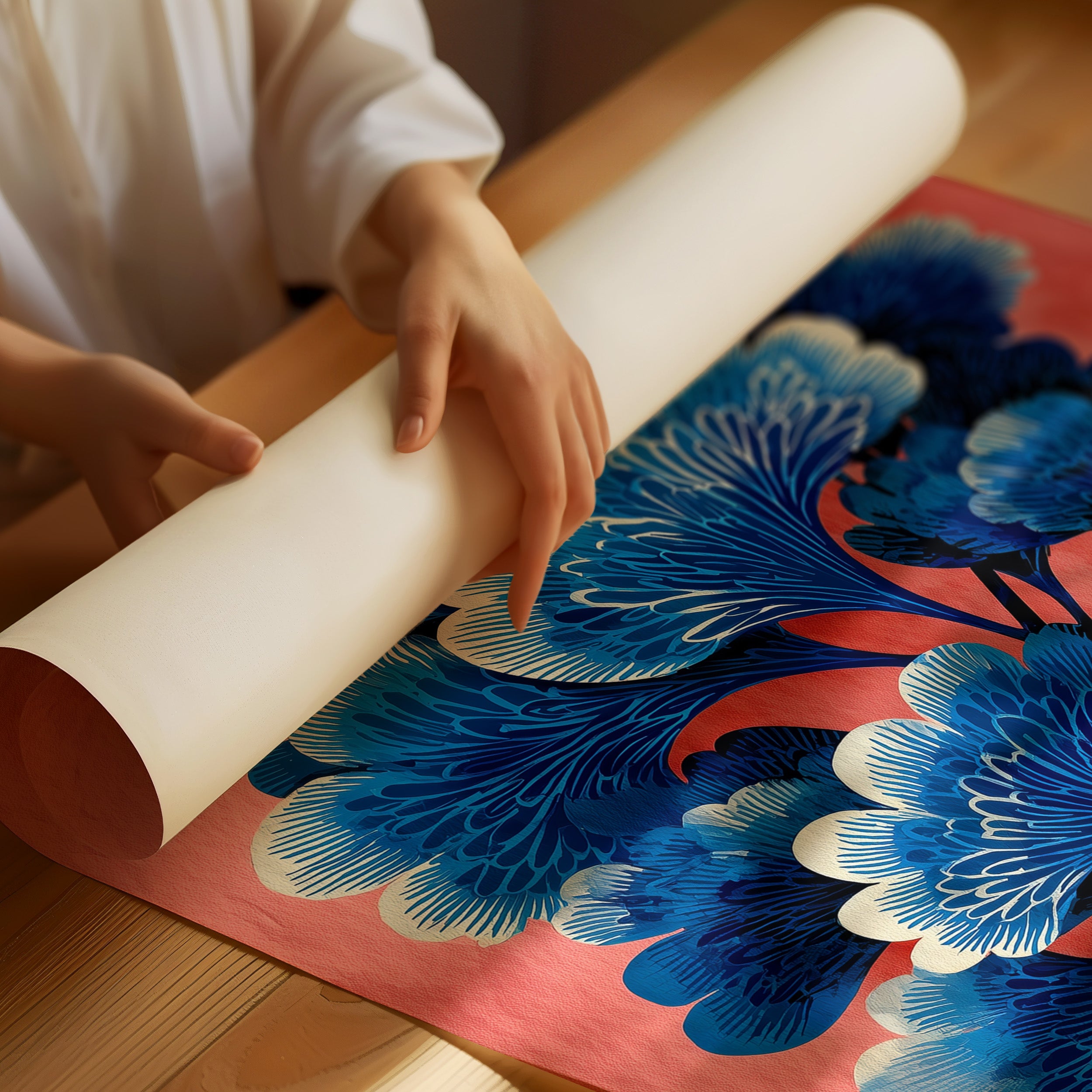 Blue Blooms on a Coral Wall