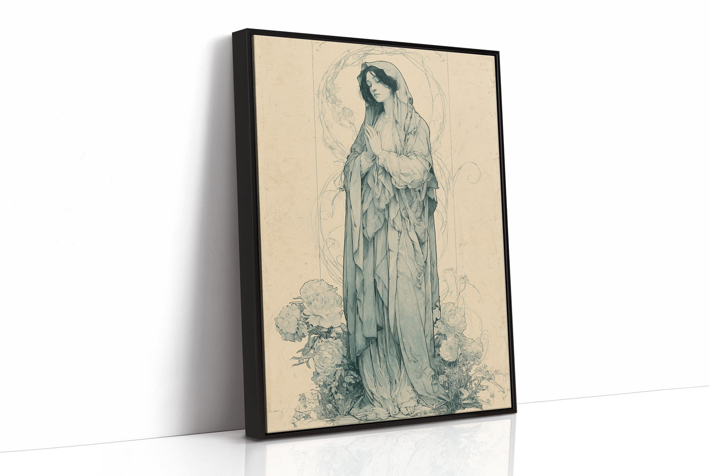 Madonna Among Peonies — Pre-Raphaelite Devotional Drawing