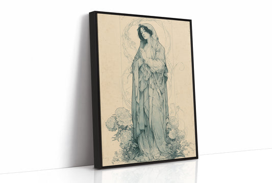 Madonna Among Peonies — Pre-Raphaelite Devotional Drawing
