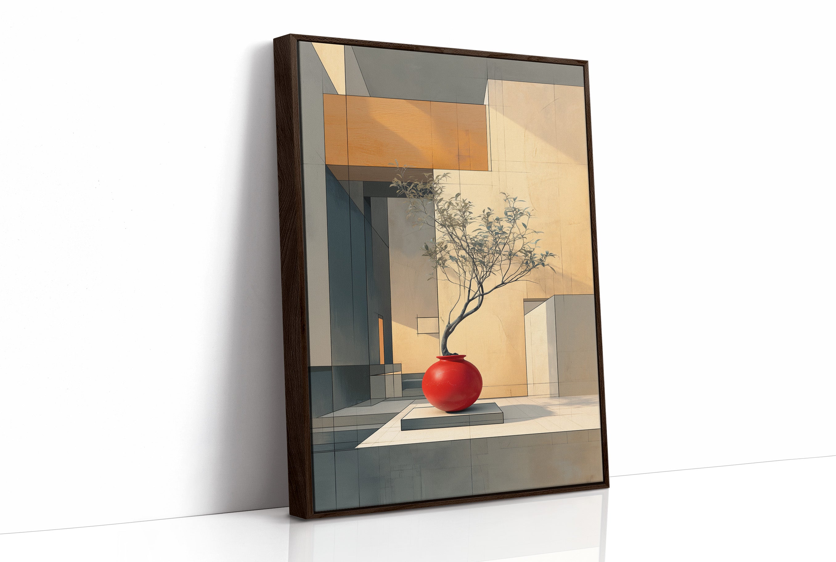 Red Vase Holds Geometric Sunlight