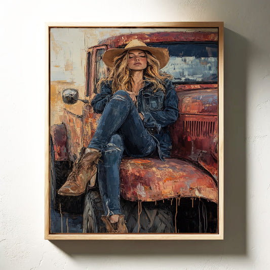 Cowgirl Resting on Rusted Truck