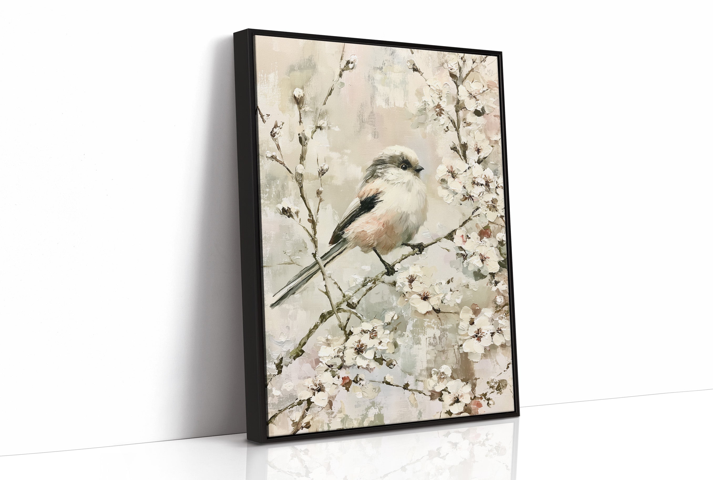 Long-Tailed Tit in Cherry Blossoms — Impasto Bird Painting