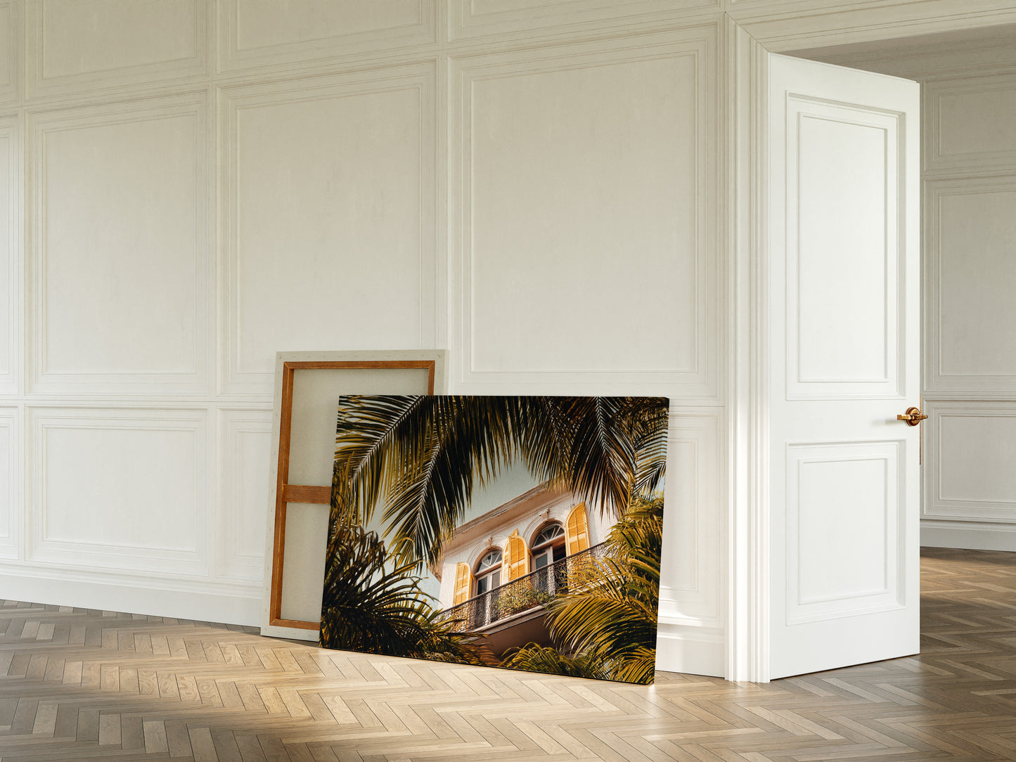 Golden Shutters Behind Palm Veils