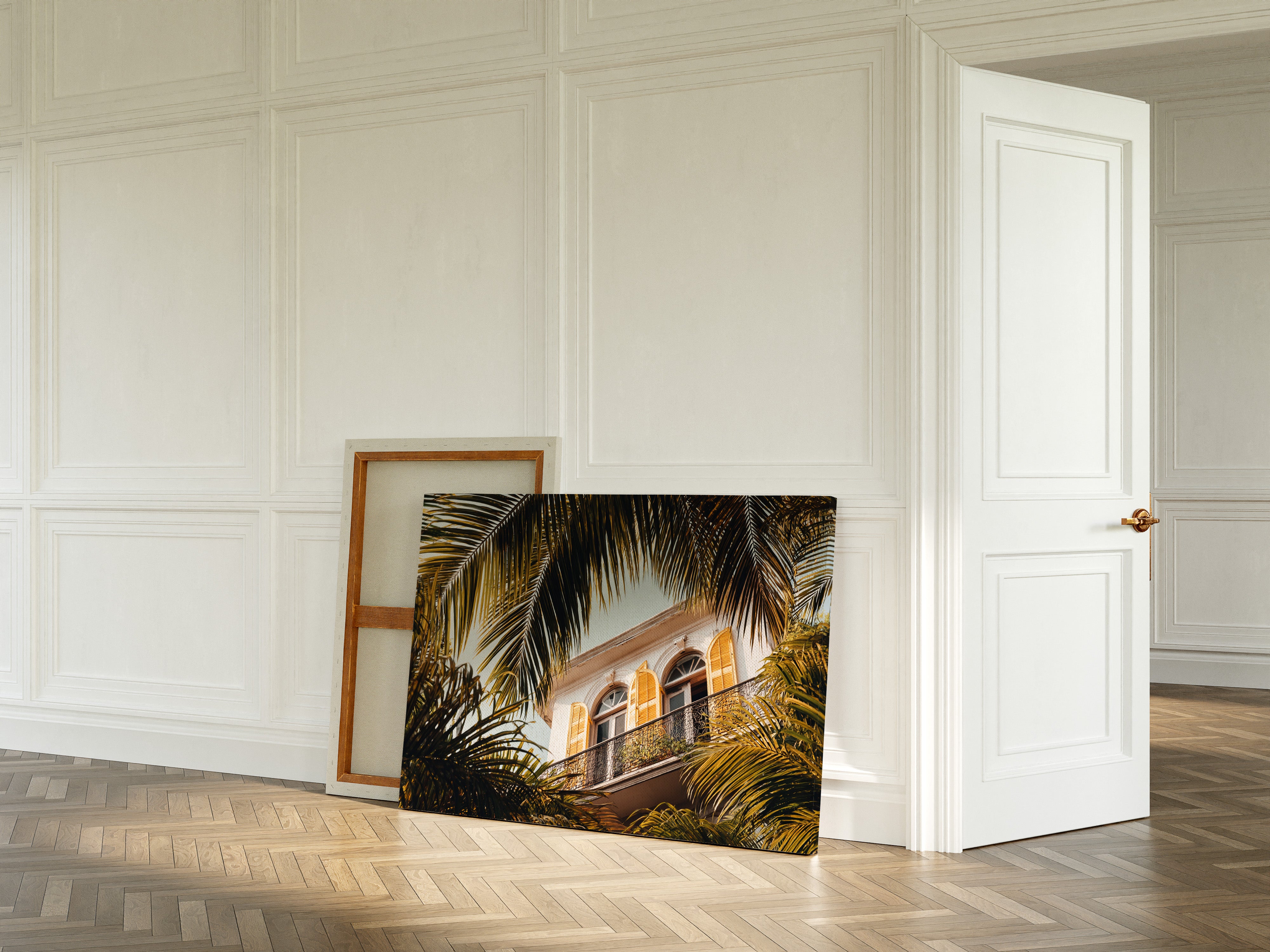 Golden Shutters Behind Palm Veils