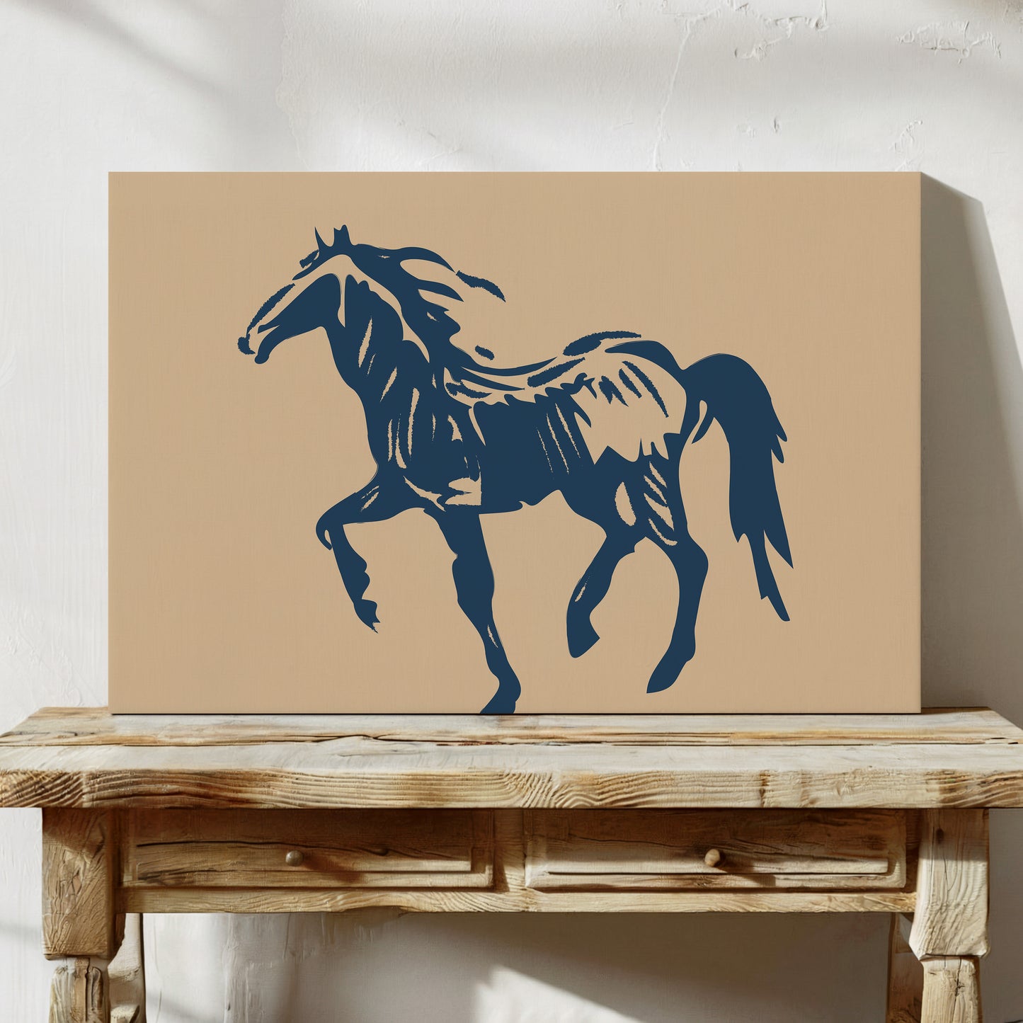 Wild Horse Silhouette Art – Western Mustang Wall Decor in Navy & Beige