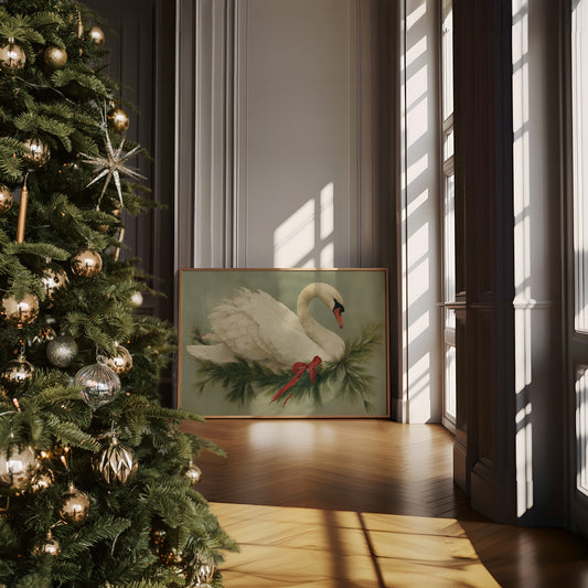 Winter Swan Among Pine Branches