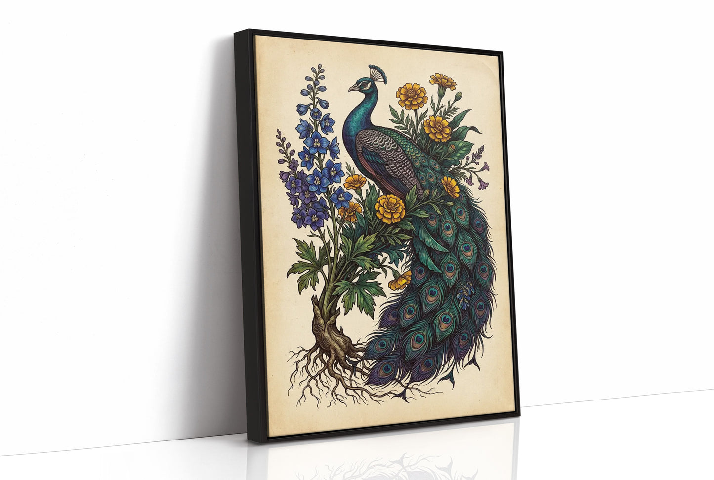 Peacock and Marigolds