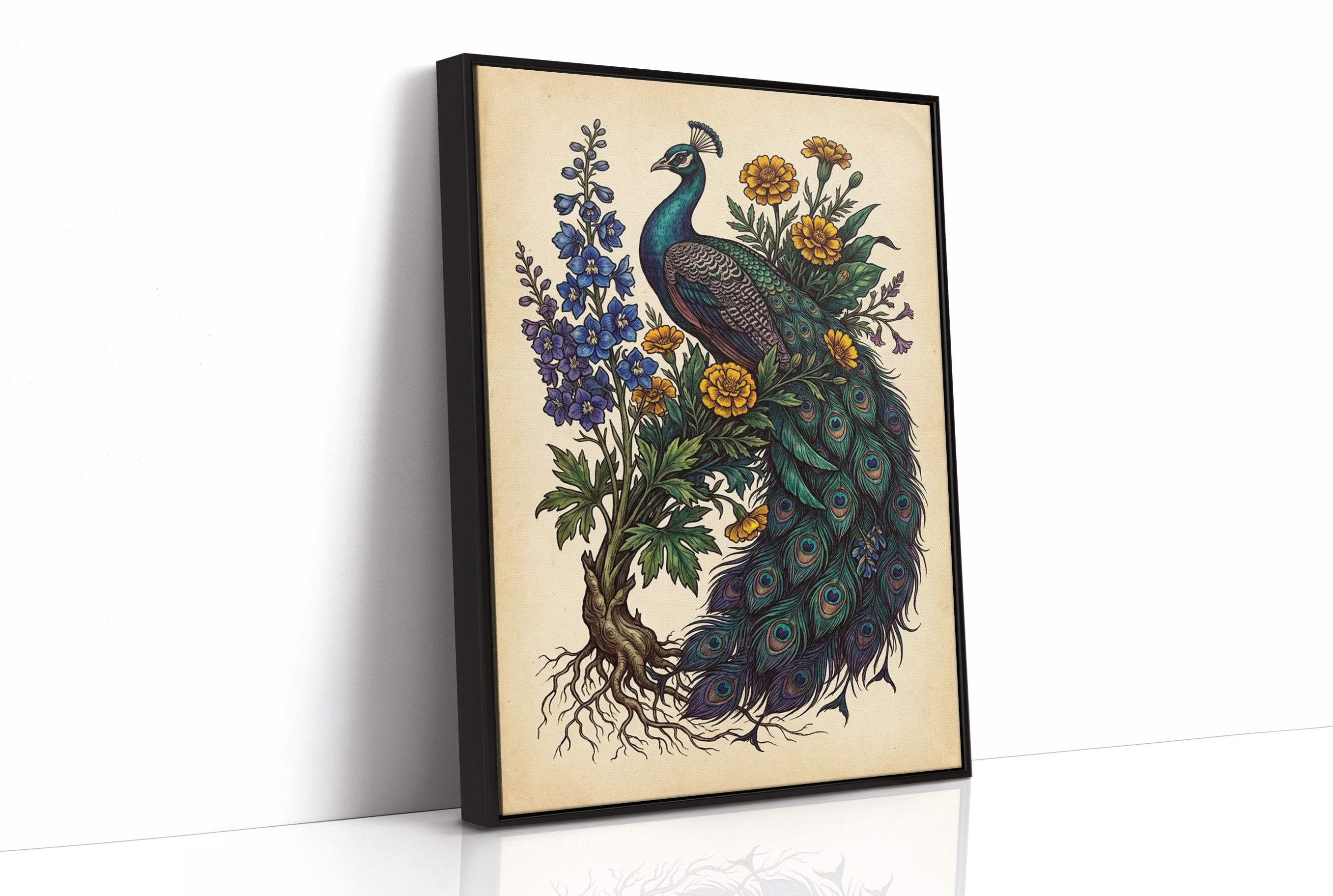 Peacock and Marigolds