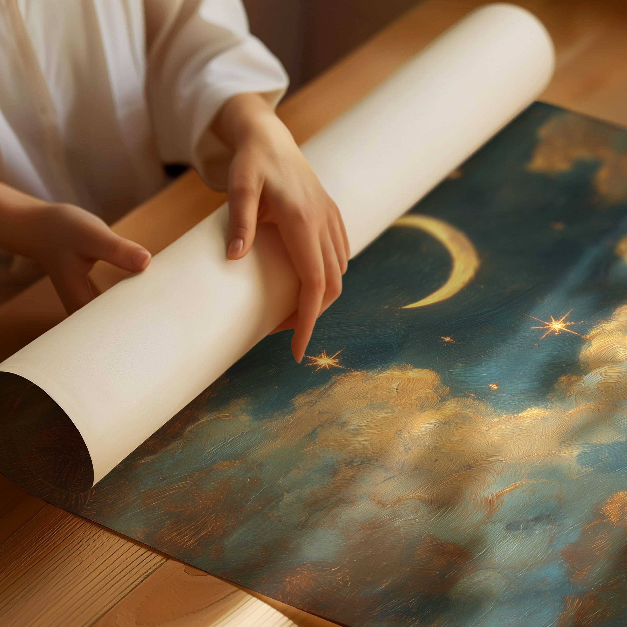 Golden Crescent Through Evening Clouds