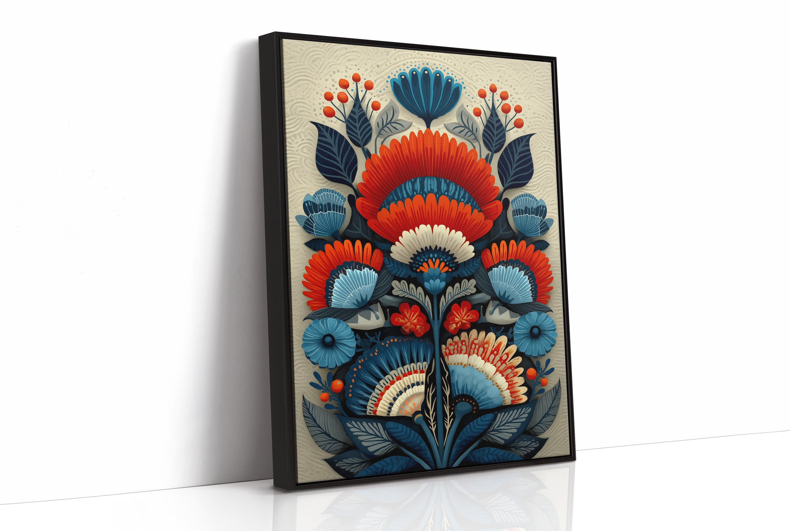 Folk Blooms Dance In Coral Blue