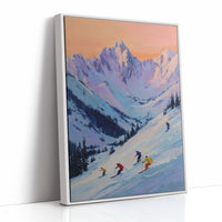 Skiers Chase Alpine Sunset Colors