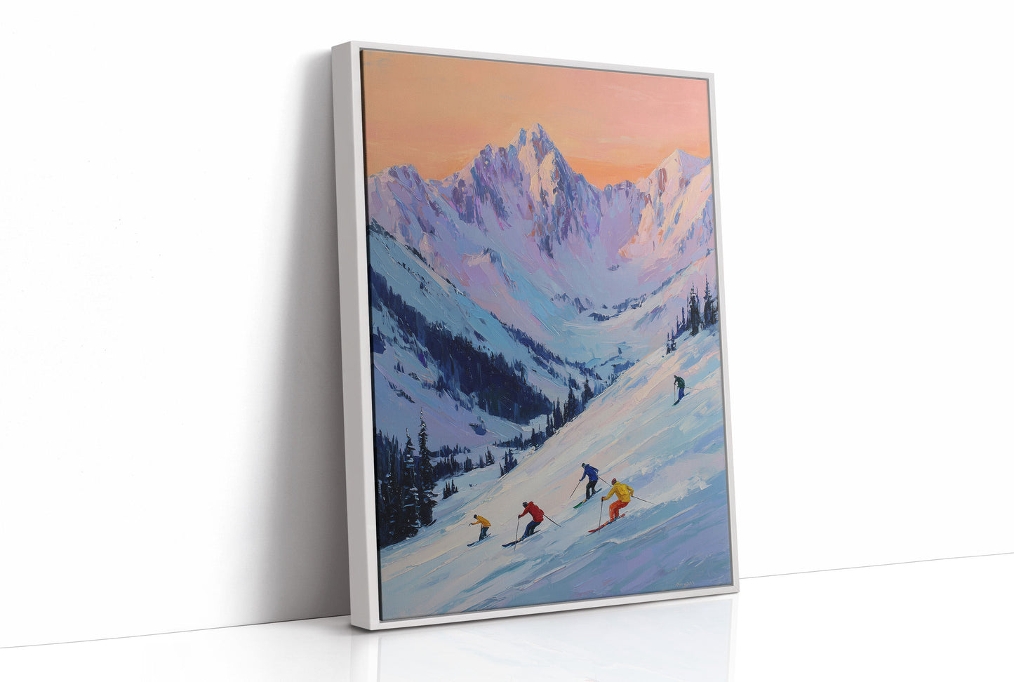 Skiers Chase Alpine Sunset Colors
