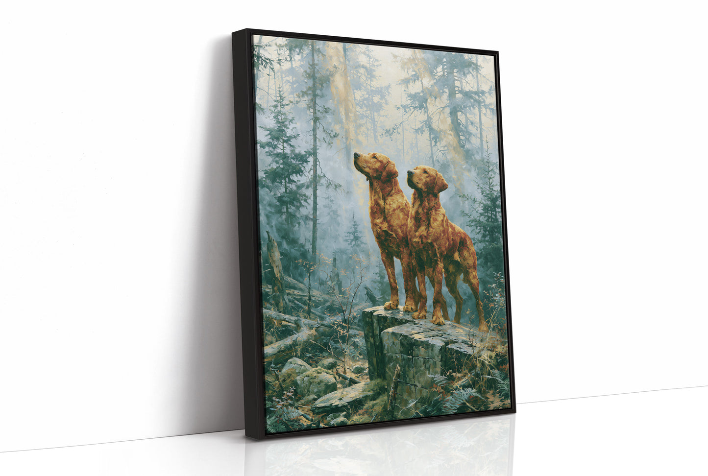 Retrievers Gazing Skyward in the Blue Forest