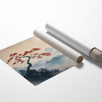 Japanese Landscape Wall Art – Red Sun and Bonsai Mountain Print