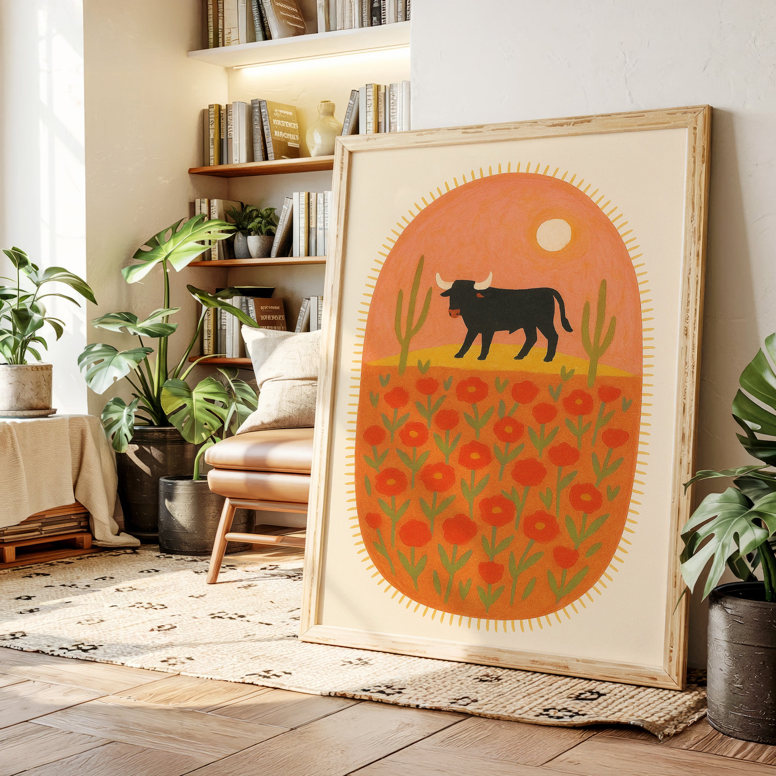 Desert Bloom with Bull at Sunset