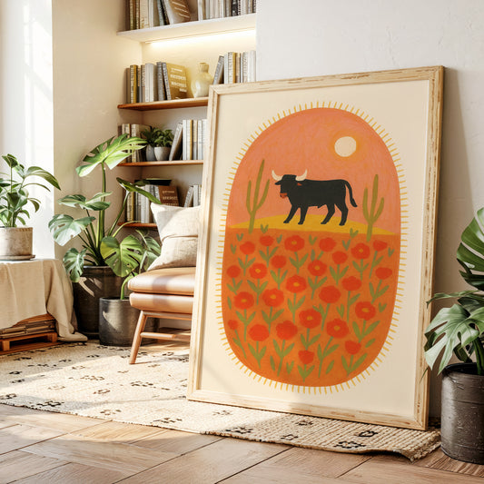 Desert Bloom with Bull at Sunset