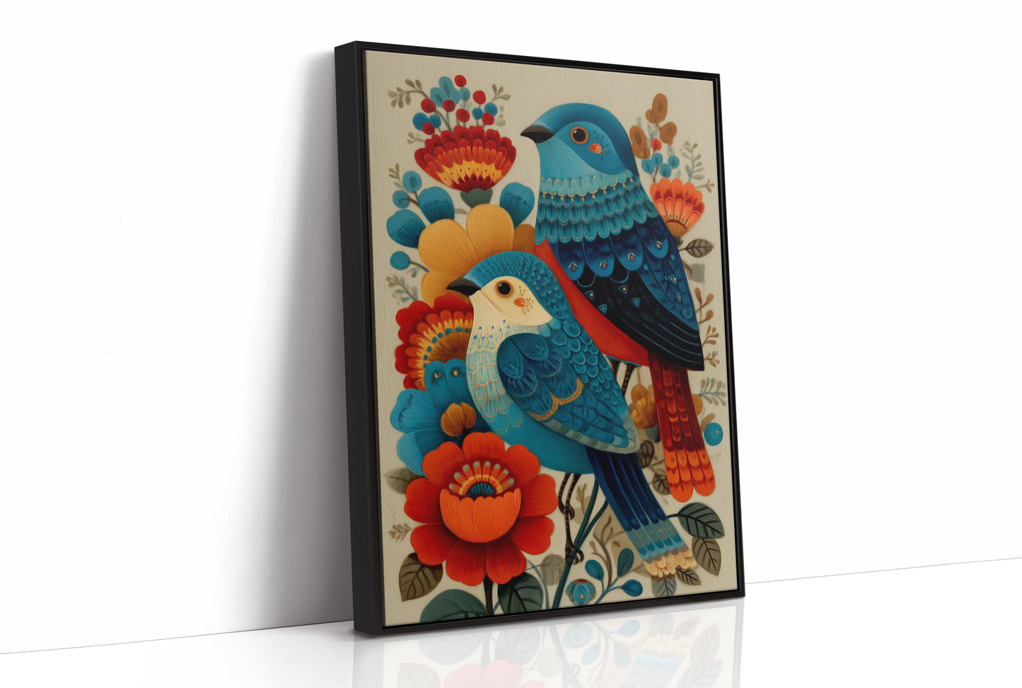 Blue Bird Sings Among Coral Blooms