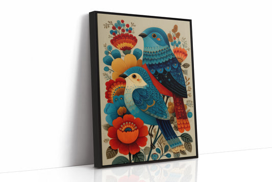 Blue Bird Sings Among Coral Blooms