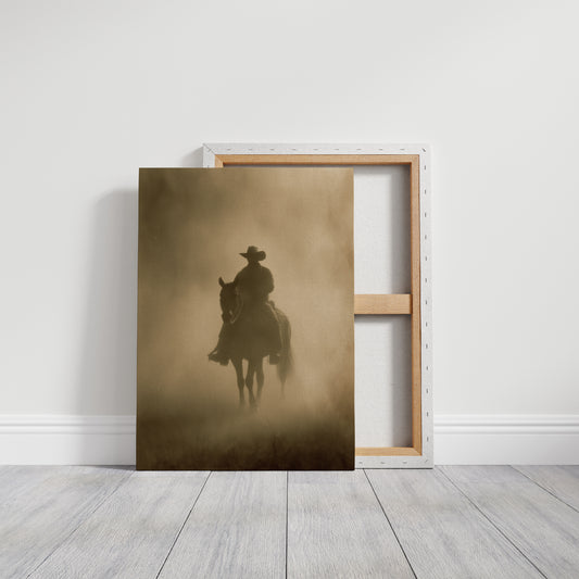 Lone Rider Through Morning Mist