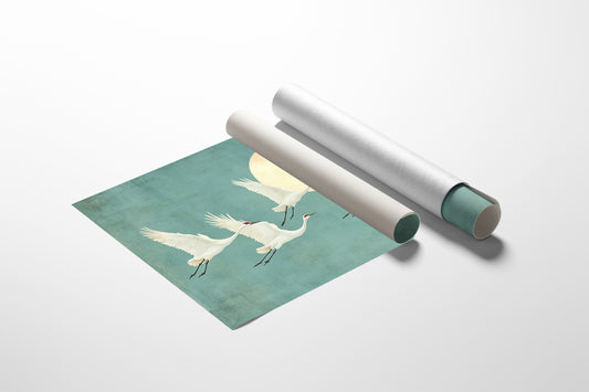 Japanese Crane Wall Art – Minimalist Blue & Gold Crane Print