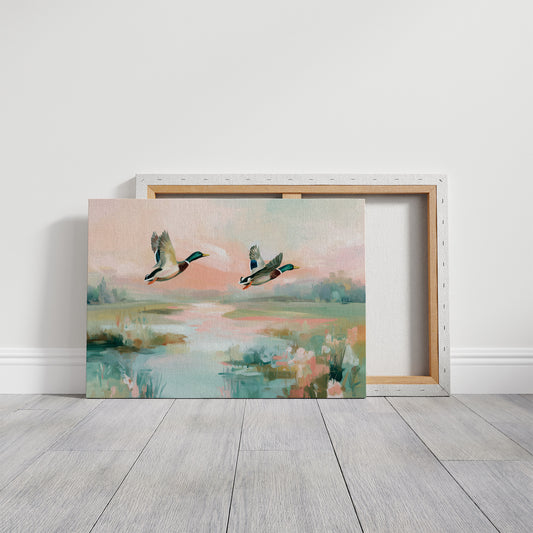 Mallards Glide Through Pastel Wetlands