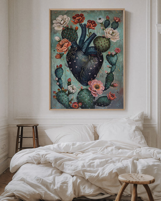 Cactus Heart Bloom – Surreal Botanical Art, Dark Floral Wall Decor