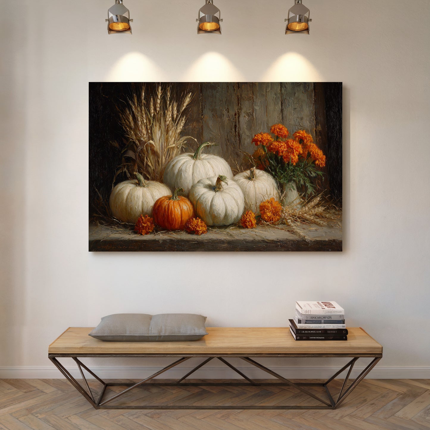 White Pumpkins Among Marigold Flames