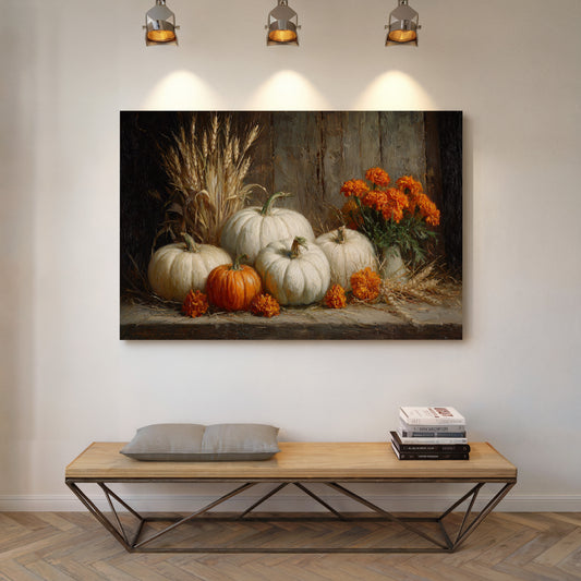 White Pumpkins Among Marigold Flames
