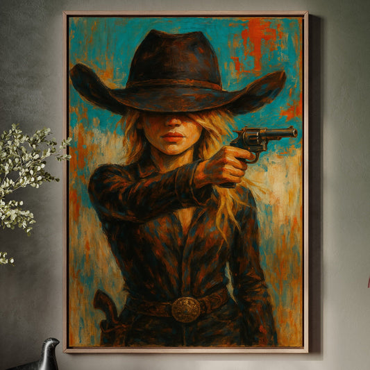 Western Grit: Cowgirl With Revolver Canvas Art