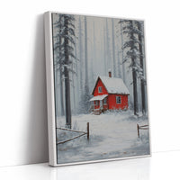 Red Cabin Sleeps In Winter Woods