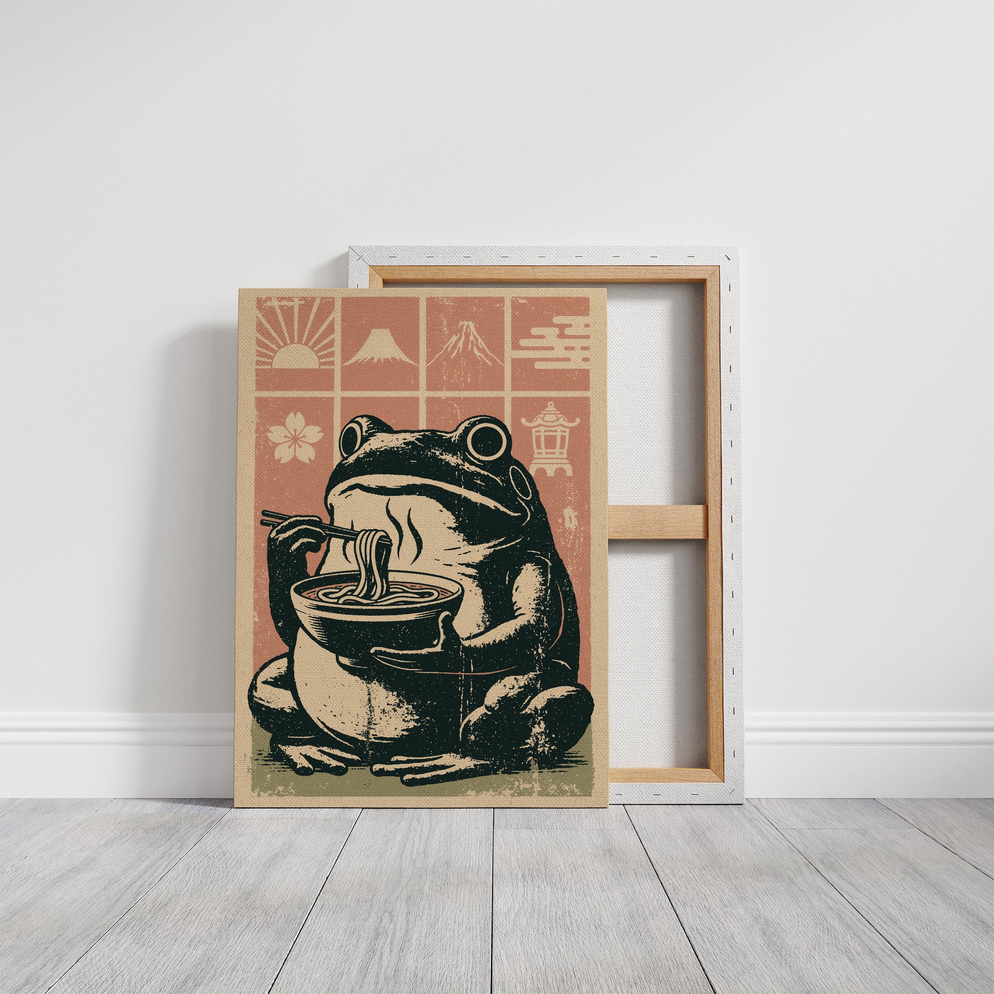 Steamy Ramen Toad: A Woodblock Frog's Slurp