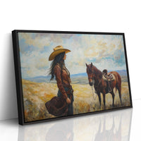 Cowgirl and Her Mustang on the Open Range