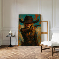 Western Grit: Cowgirl With Revolver Canvas Art