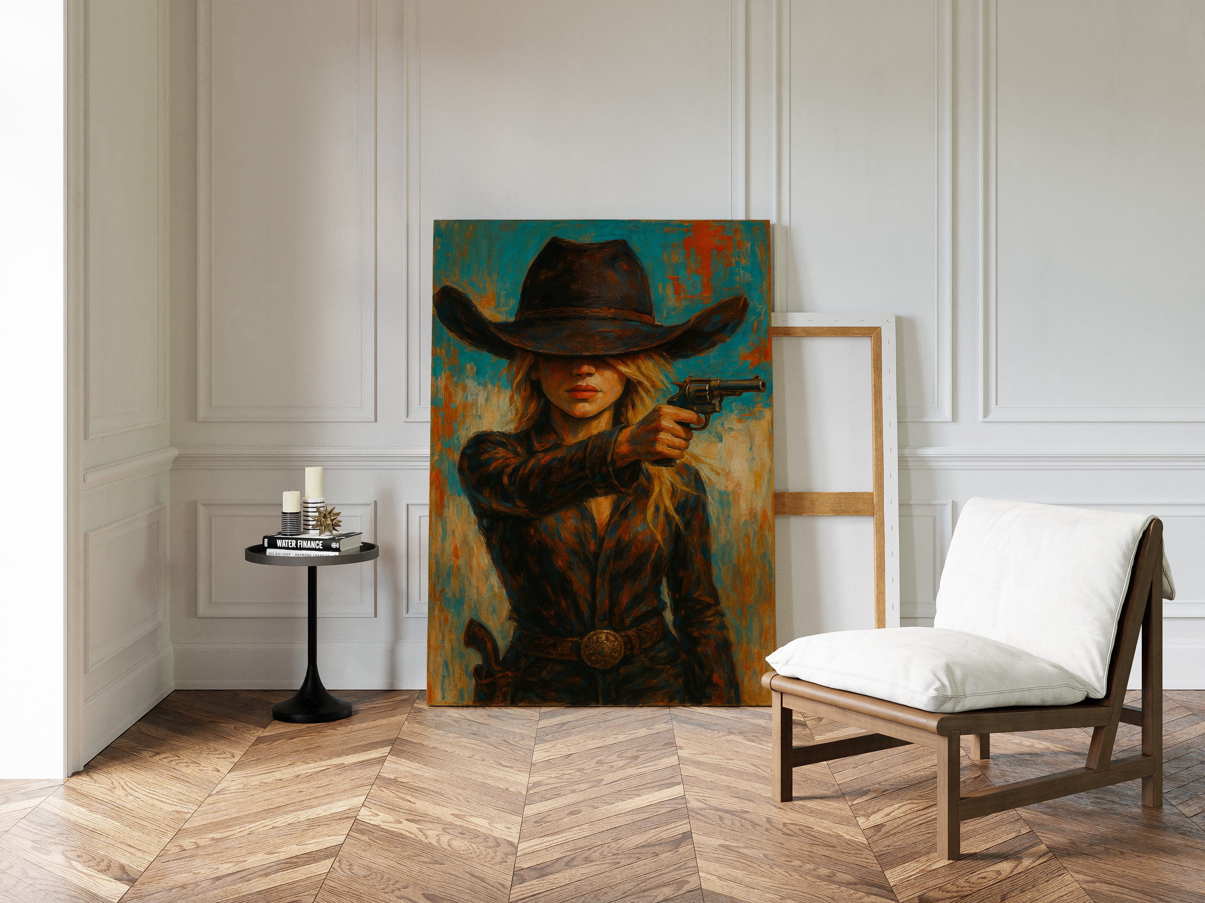 Western Grit: Cowgirl With Revolver Canvas Art